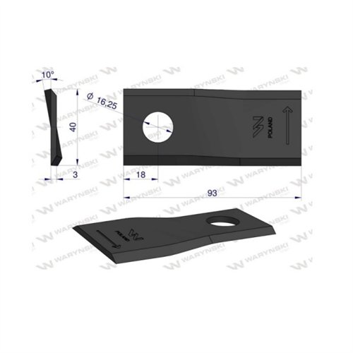 Nóż. nożyk kosiarka lewy 93x40x3mm otwór 16.2 zastosowanie 56151200 Kuhn WARYŃSKI ( sprzedawane po 25 )