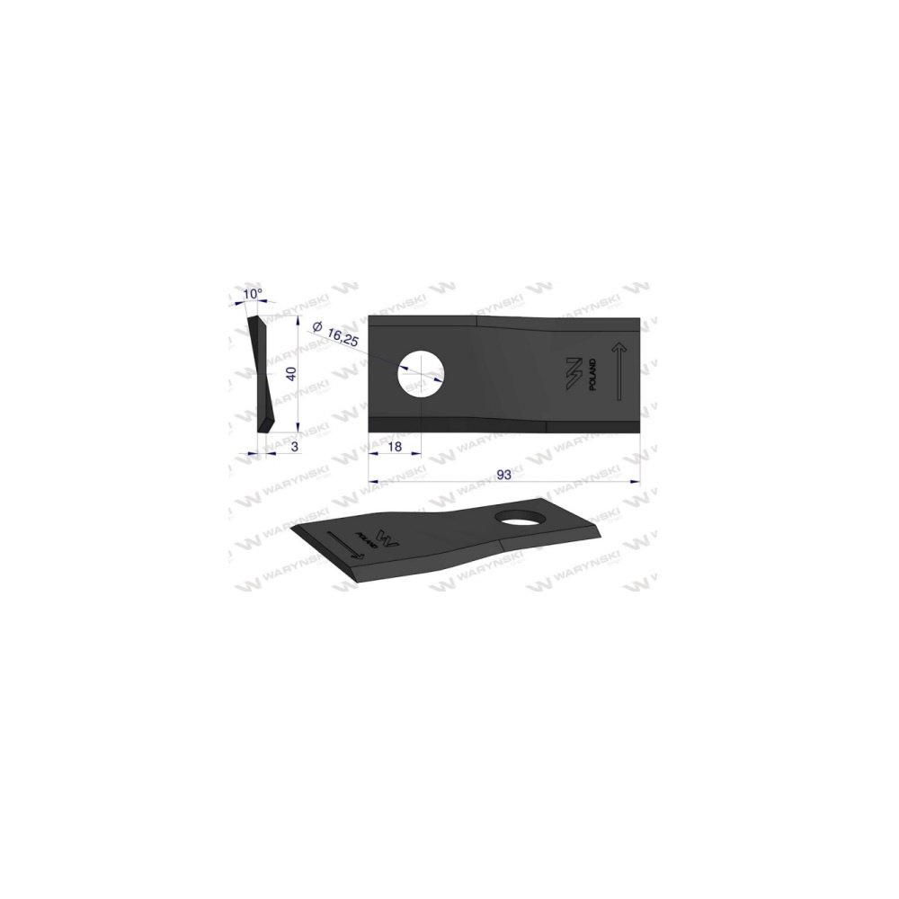 Nóż. nożyk kosiarka lewy 93x40x3mm otwór 16.2 zastosowanie 56151200 Kuhn WARYŃSKI ( sprzedawane po 25 )