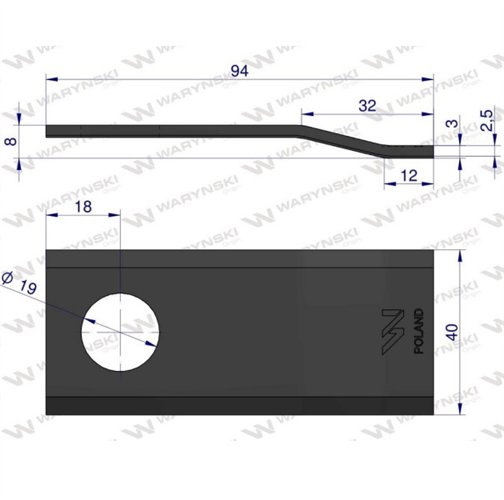 Nóż. nożyk kosiarka gięty 94X40X3mm otwór 19 zastosowanie Deutz Fahr 94/P 1101701015322 WARYŃSKI ( sprzedawane po 25 )