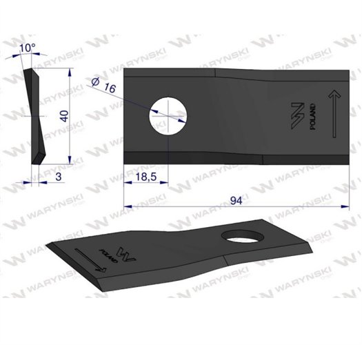 Nóż. nożyk kosiarka lewy 94X40X3mm otwór 16 zastosowanie RF 94 Famarol WARYŃSKI ( sprzedawane po 25 )