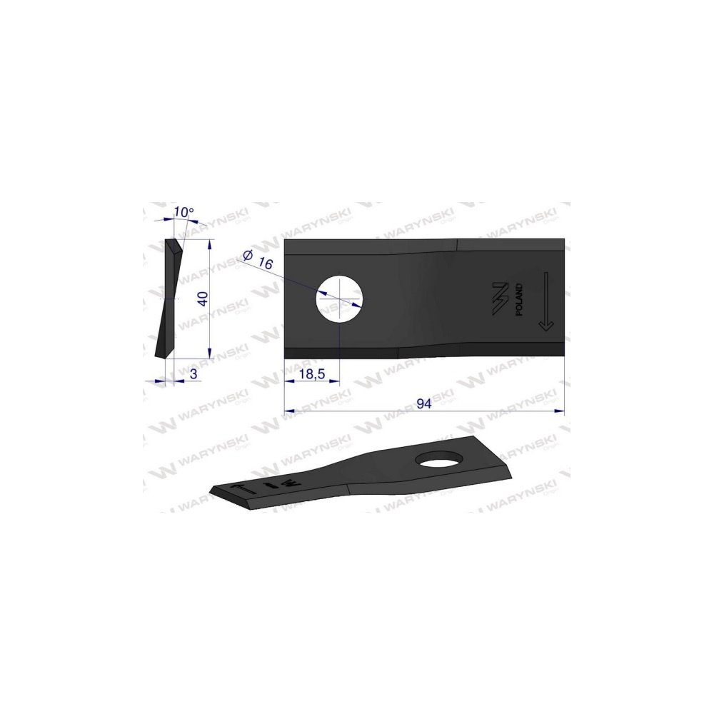 Nóż. nożyk kosiarka prawy 94X40X3mm otwór 16 zastosowanie RF 94 Famarol WARYŃSKI ( sprzedawane po 25 )