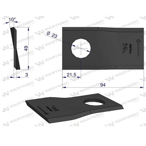 Nóż. nożyk kosiarka lewy 94x48x3mm otwór 19 zastosowanie 570409 Niemeyer Kverneland WARYŃSKI ( sprzedawane po 25 )