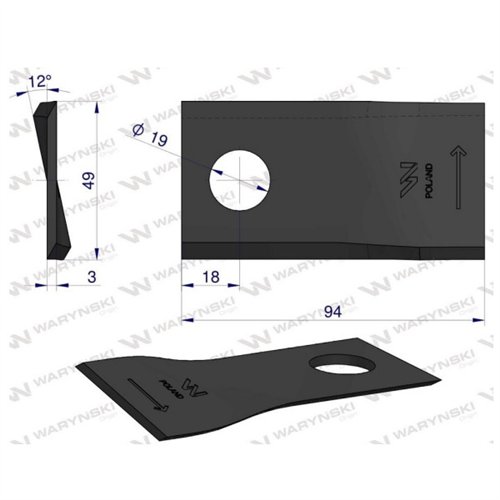 Nóż. nożyk kosiarka lewy 94x48x4mm otwór 19 zastosowanie TF-71 Kverneland Taarup WARYŃSKI ( sprzedawane po 25 )