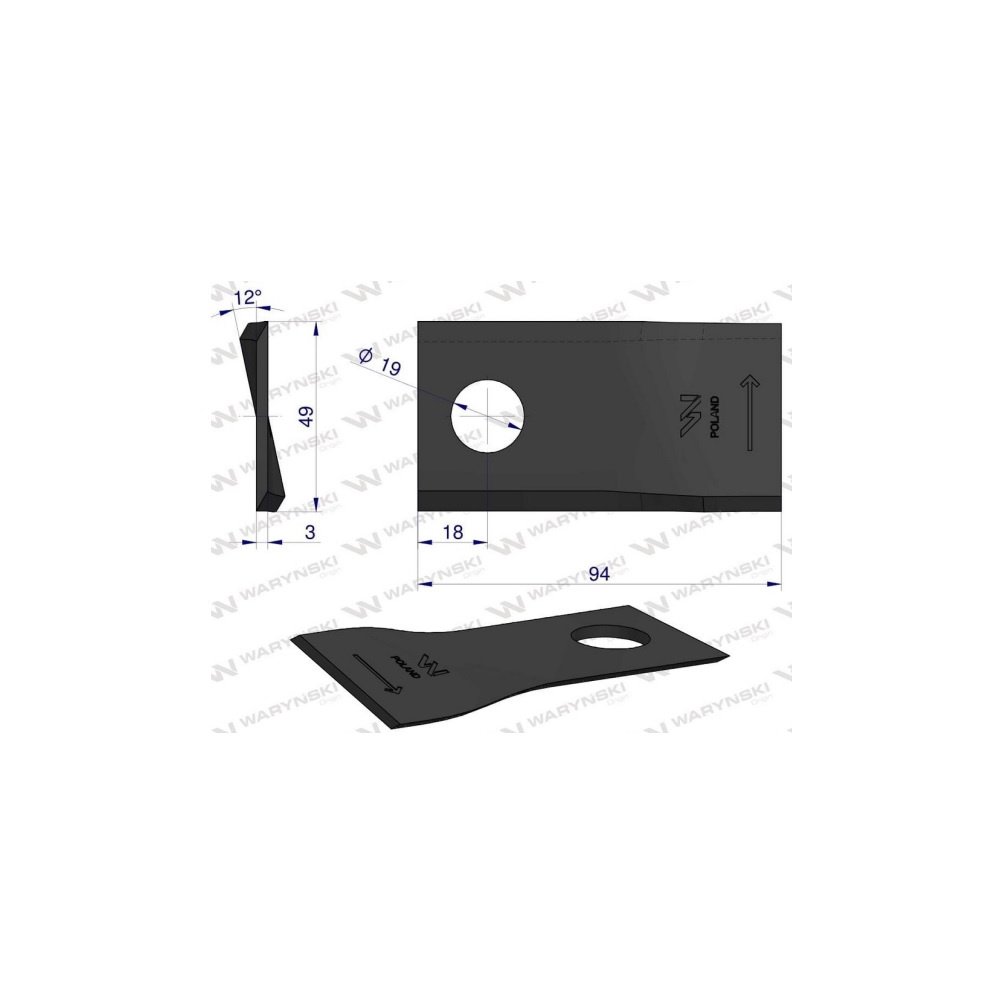 Nóż. nożyk kosiarka lewy 94x48x4mm otwór 19 zastosowanie TF-71 Kverneland Taarup WARYŃSKI ( sprzedawane po 25 )