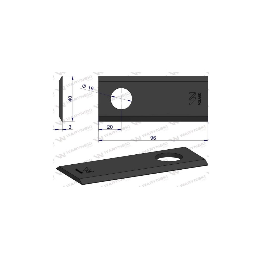 Nóż, nożyk kosiarka rotacyjna (polska) 5036010450 96X40X3X19 prosty WARYŃSKI ( sprzedawane po 25 )