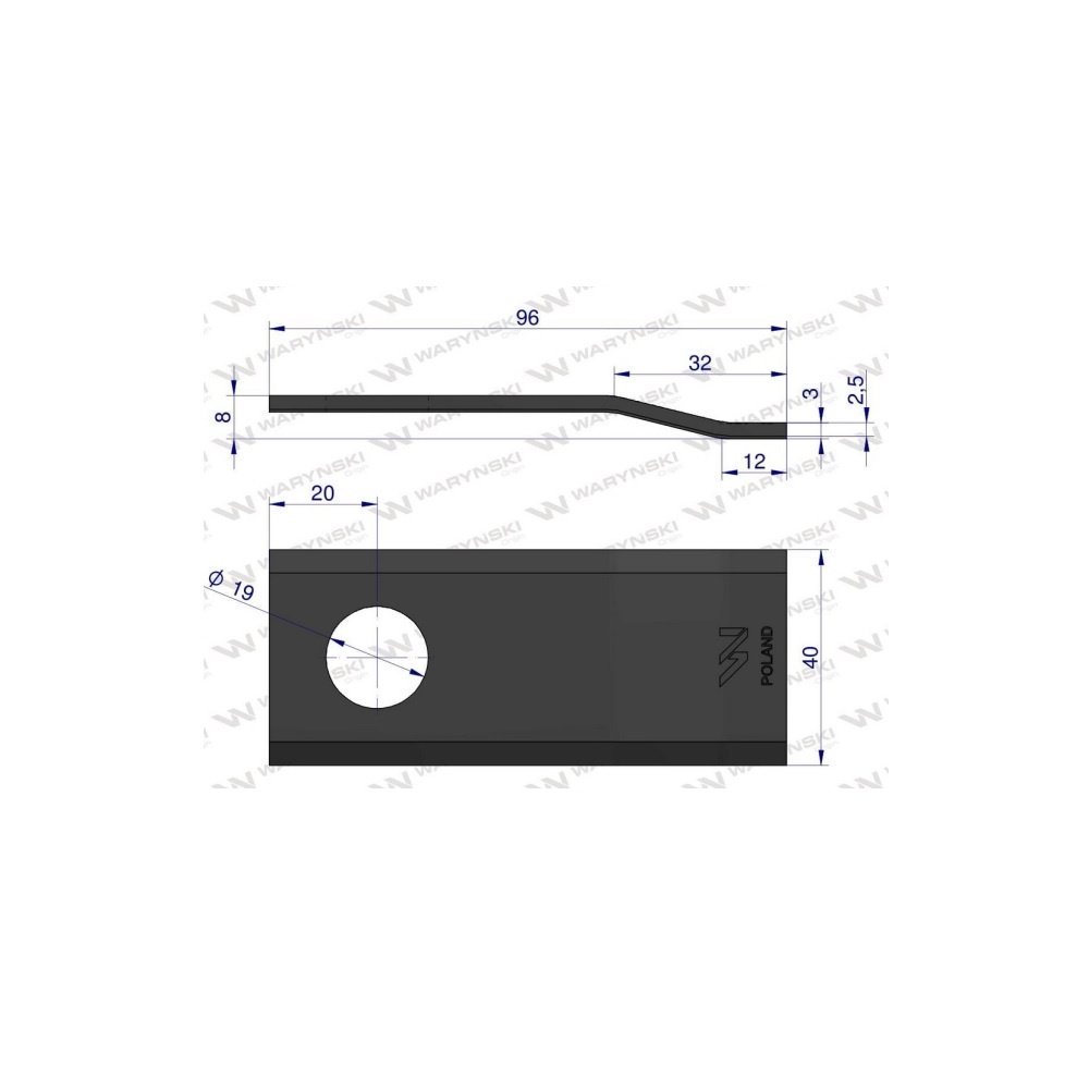 Nóż. nożyk kosiarka gięty 96X40X3mm otwór 19 zastosowanie 06561544 Deutz Fahr Kverneland WARYŃSKI ( sprzedawane po 25 )