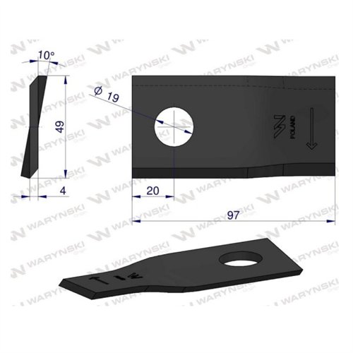 Nóż. nożyk kosiarka prawy 97x48x4mm otwór 19 zastosowanie 13800024 JF-Stoll WARYŃSKI ( sprzedawane po 25 )