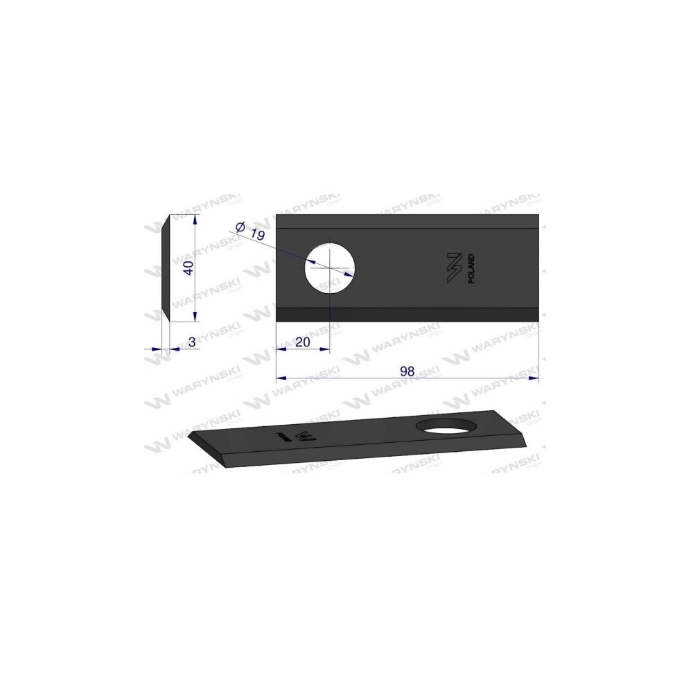 Nóż. nożyk kosiarka 98X40X3mm otwór 19 zastosowanie 58029045 BCS WARYŃSKI ( sprzedawane po 25 )