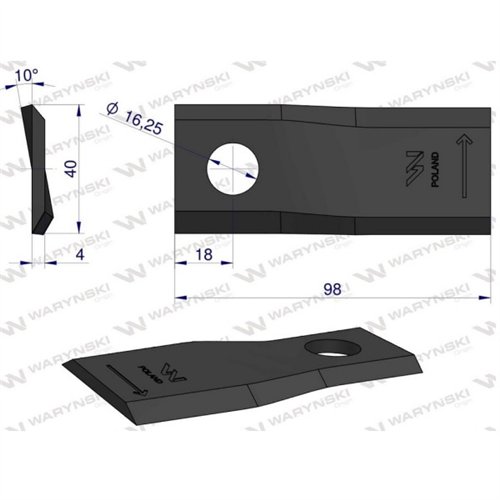 Nóż. nożyk kosiarka lewy 98x40x4mm otwór 16.2 zastosowanie DM-303 Claas WARYŃSKI ( sprzedawane po 25 )