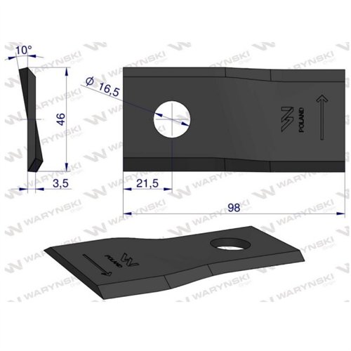 Nóż. nożyk kosiarka lewy 98X46X3.5mm otwór 16.5 zastosowanie 40490006 Morra WARYŃSKI ( sprzedawane po 25 )