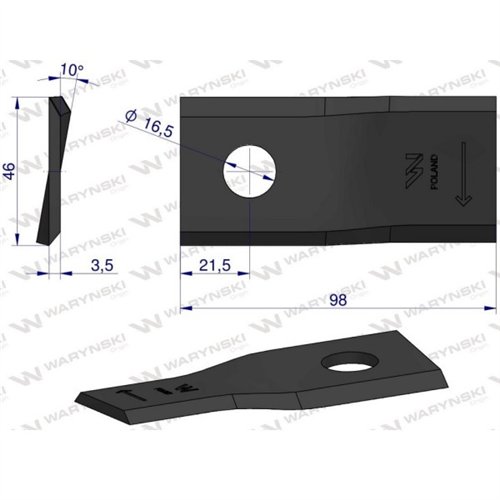 Nóż. nożyk kosiarka prawy 98X46X3.5mm otwór 16.5 zastosowanie 40490005 Morra WARYŃSKI ( sprzedawane po 25 )