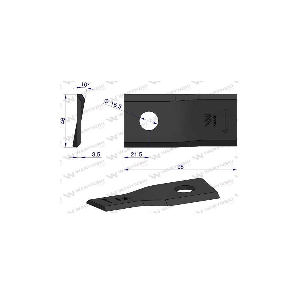 Nóż. nożyk kosiarka prawy 98X46X3.5mm otwór 16.5 zastosowanie 40490005 Morra WARYŃSKI ( sprzedawane po 25 )