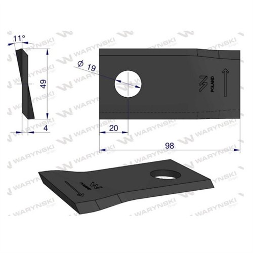 Nóż. nożyk kosiarka lewy 98x48x4mm otwór 19 zastosowanie 121712 Fella WARYŃSKI ( sprzedawane po 25 )