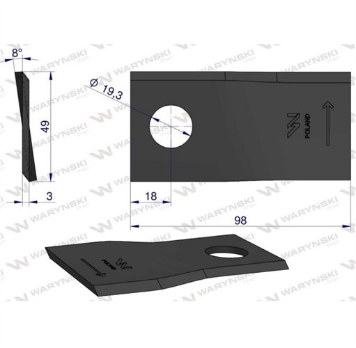 Nóż, nożyk kosiarka 98X49X3X19,5 zastosowanie Samasz BRZW (opak 12xL+12xP) WARYŃSKI ( sprzedawane po 24 )