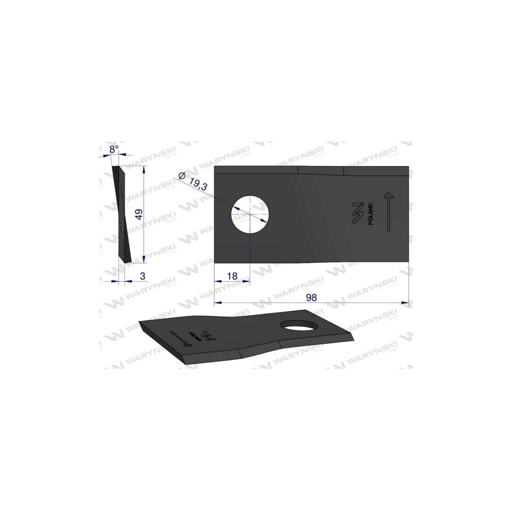 Nóż, nożyk kosiarka 98X49X3X19,5 zastosowanie Samasz BRZW (opak 12xL+12xP) WARYŃSKI ( sprzedawane po 24 )