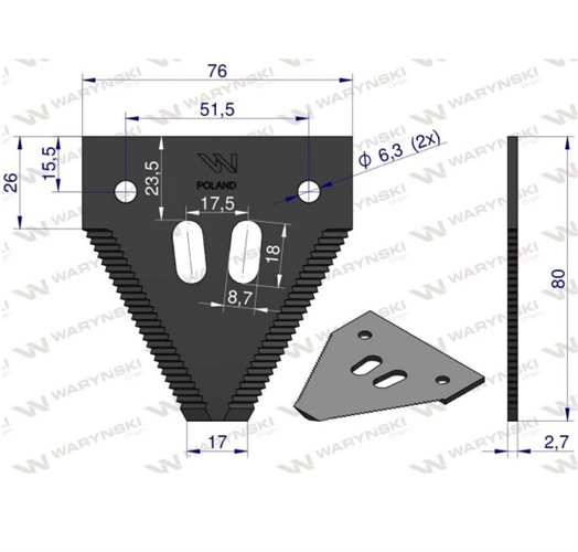 Nóż żniwny 80x76x2.7mm otwór 6.5 zastosowanie 1096606 420100046 Schumacher WARYŃSKI ( sprzedawane po 25 )