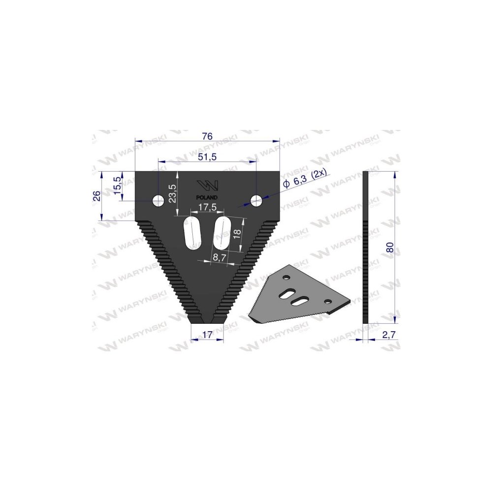 Nóż żniwny 80x76x2.7mm otwór 6.5 zastosowanie 1096606 420100046 Schumacher WARYŃSKI ( sprzedawane po 25 )