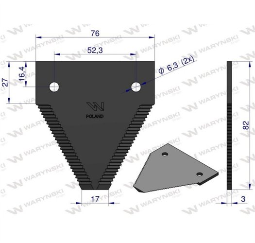 Nóż żniwny 82x76x3mm otwór 6.3 zastosowanie D44103700N Claas Massey Ferguson WARYŃSKI ( sprzedawane po 25 )