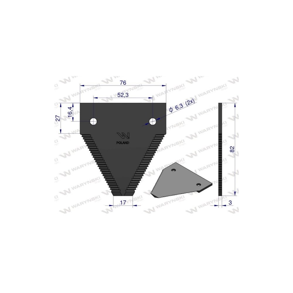 Nóż żniwny 82x76x3mm otwór 6.3 zastosowanie D44103700N Claas Massey Ferguson WARYŃSKI ( sprzedawane po 25 )