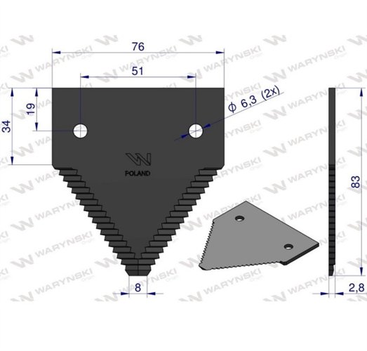 Nóż żniwny 83x76x2.8mm otwór 6.5 zastosowanie P49650 AZ32298 John Deere WARYŃSKI ( sprzedawane po 25 )