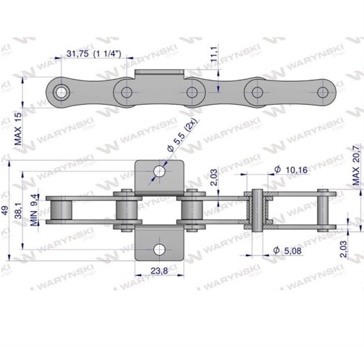 Łańcuch podajnika A2050 210A (R1 1.1/4) łapka K1 co 6 ogniwo 5m Waryński