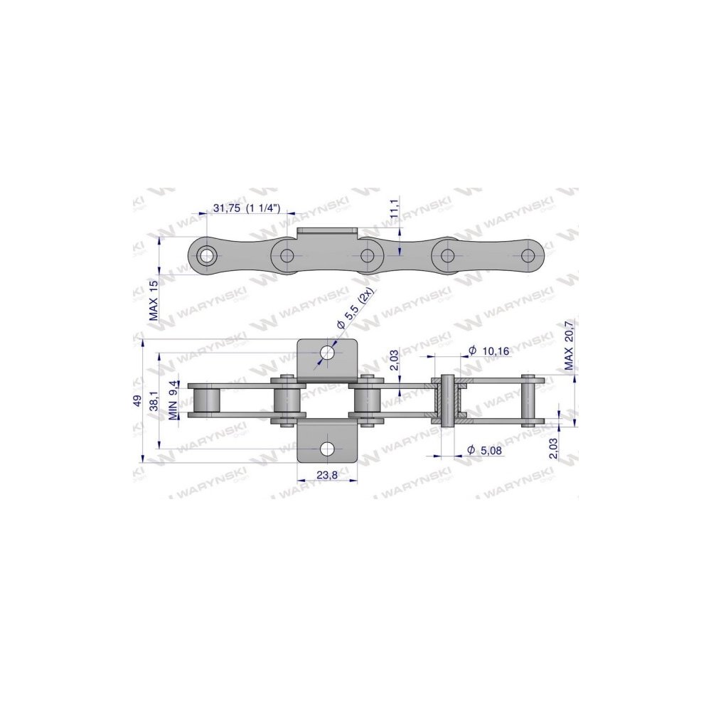 Łańcuch podajnika A2050 210A (R1 1.1/4) łapka K1 co 6 ogniwo 5m Waryński
