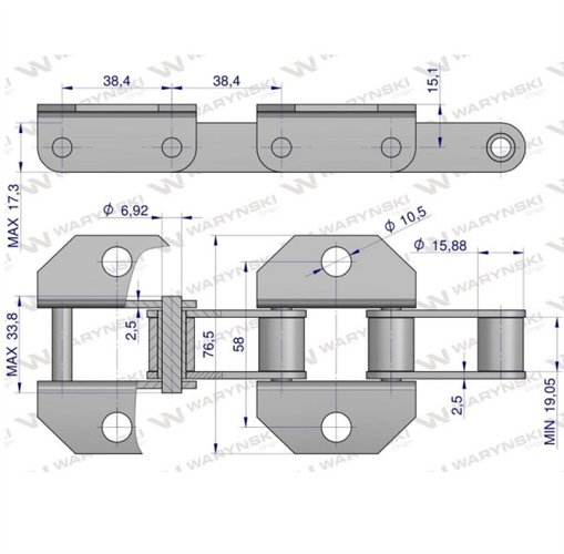 Łańcuch podajnika pochyłego 38.4R łapka K1 co 2 ogniwa 5m Waryński