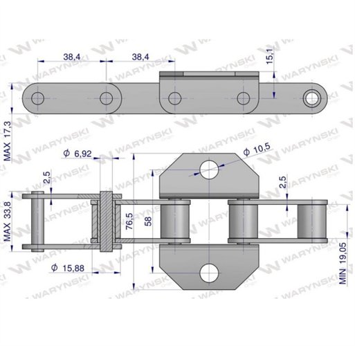 Łańcuch podajnika pochyłego 38.4R łapka K1 co 4 ogniwa 3.5m Waryński