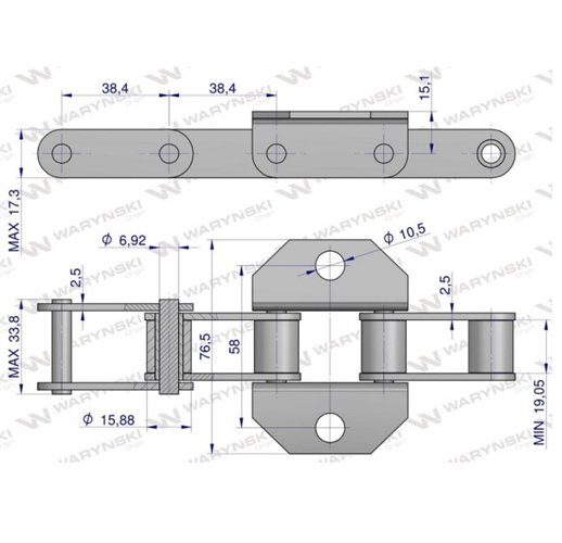 Łańcuch podajnika pochyłego 38.4R łapka K1 co 6 ogniwa 5m Waryński