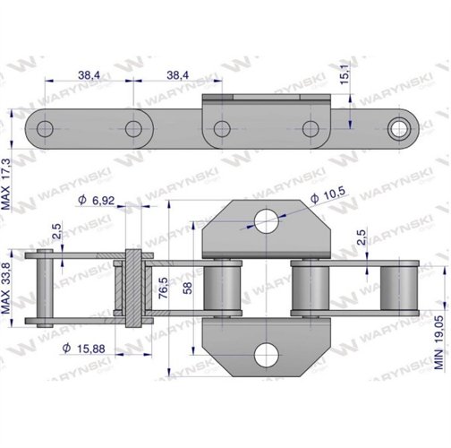 Łańcuch podajnika pochyłego 38.4R łapka K1 co 8 ogniwa 5m Waryński