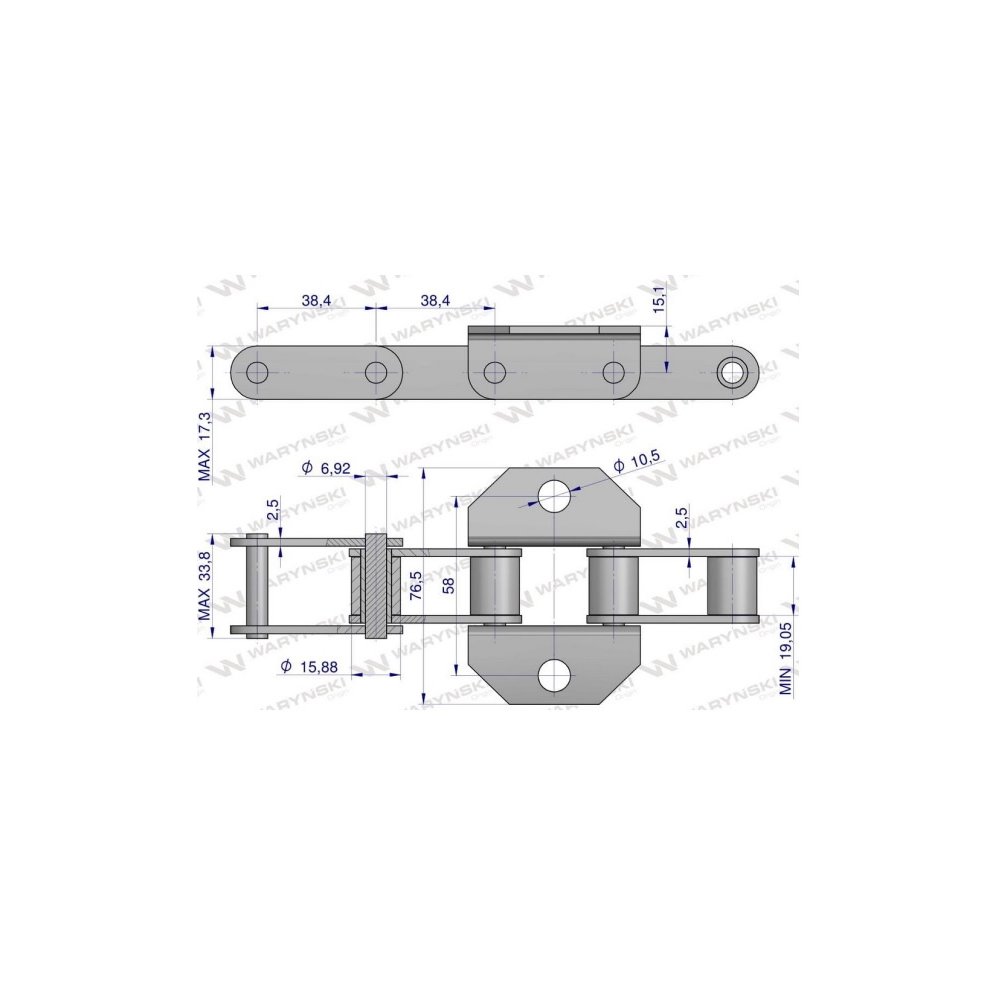 Łańcuch podajnika pochyłego 38.4R łapka K1 co 8 ogniwa 5m Waryński