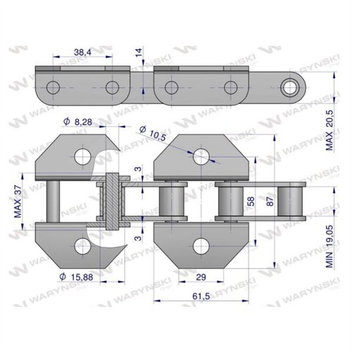 Łańcuch podajnika pochyłego 38.4VB łapka K1 co 2 ogniwa 5m Waryński