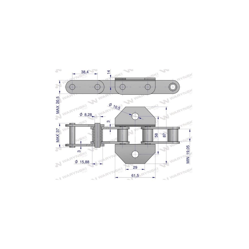 Łańcuch podajnika pochyłego 38.4VB łapka K1 co 2 i co 4 ogniwa 5m Waryński
