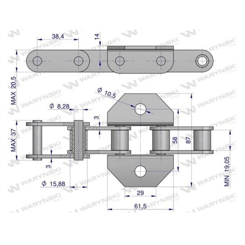 Łańcuch podajnika pochyłego 38.4VB łapka K1 co 4 ogniwa 5m Waryński