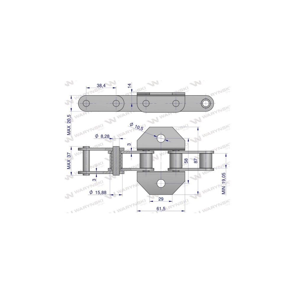 Łańcuch podajnika pochyłego 38.4VB łapka K1 co 4 ogniwa 5m Waryński