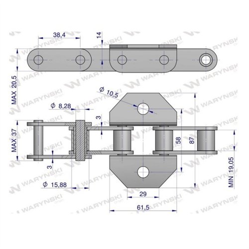Łańcuch podajnika pochyłego 38.4VB łapka K1 co 6 ogniwo 5m Waryński