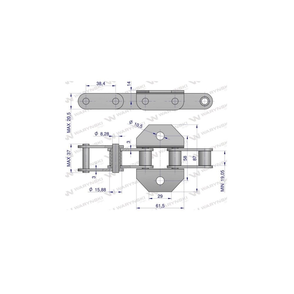 Łańcuch podajnika pochyłego 38.4VB łapka K1 co 6 ogniwo 5m Waryński