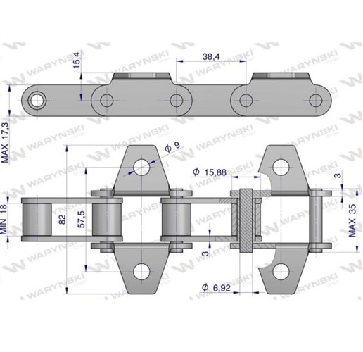 Łańcuch podajnika pochyłego 38.4V łapka K1 co 2 ogniwo 5m Waryński