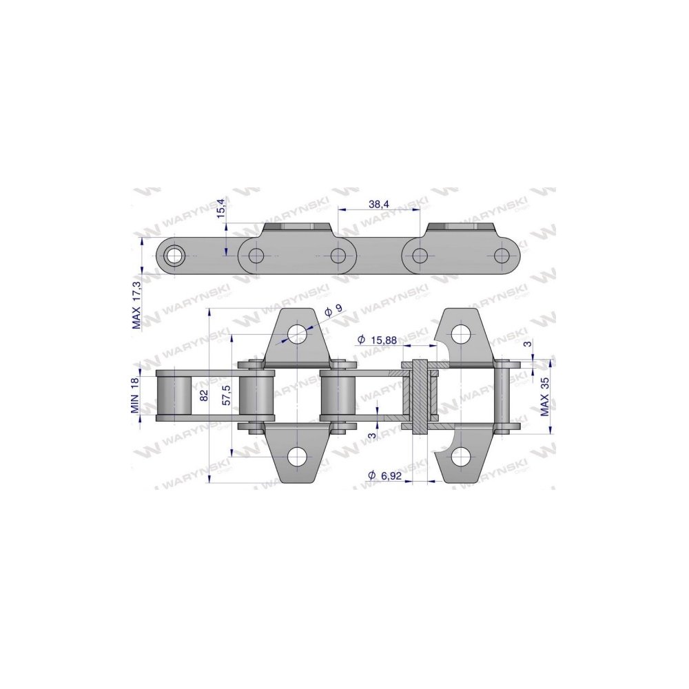 Łańcuch podajnika pochyłego 38.4V łapka K1 co 2 ogniwo 5m Waryński