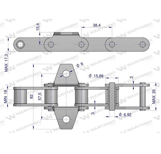 Łańcuch podajnika pochyłego 38.4V łapka K1 co 2 i co 4 ogniwo 5m Waryński