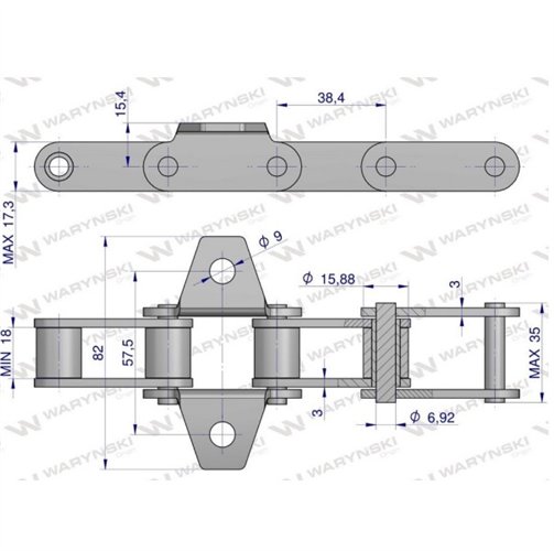 Łańcuch podajnika pochyłego 38.4V łapka K1 co 4 ogniwo 5m Waryński