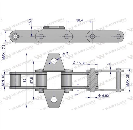 Łańcuch podajnika pochyłego 38.4V łapka K1 co 6 ogniwo 5m Waryński