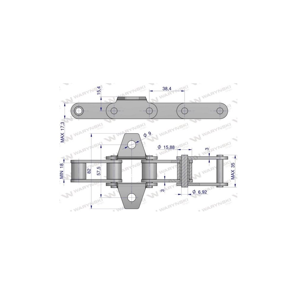 Łańcuch podajnika pochyłego 38.4V łapka K1 co 8 ogniwo 5m Waryński