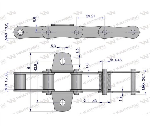 Łańcuch podajnika S32 łapka K1 co 6 ogniwa 5m Waryński