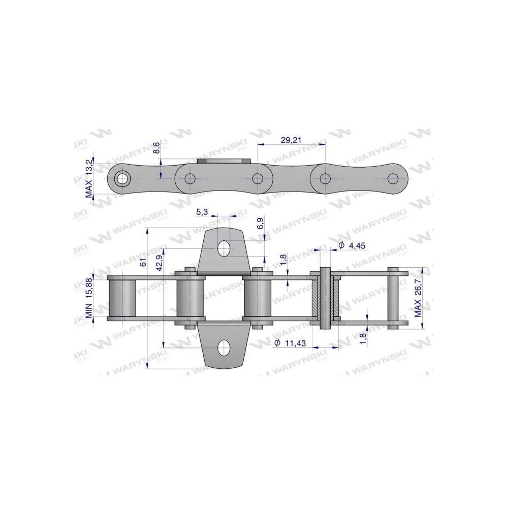 Łańcuch podajnika S32 łapka K1 co 6 ogniwa 5m Waryński