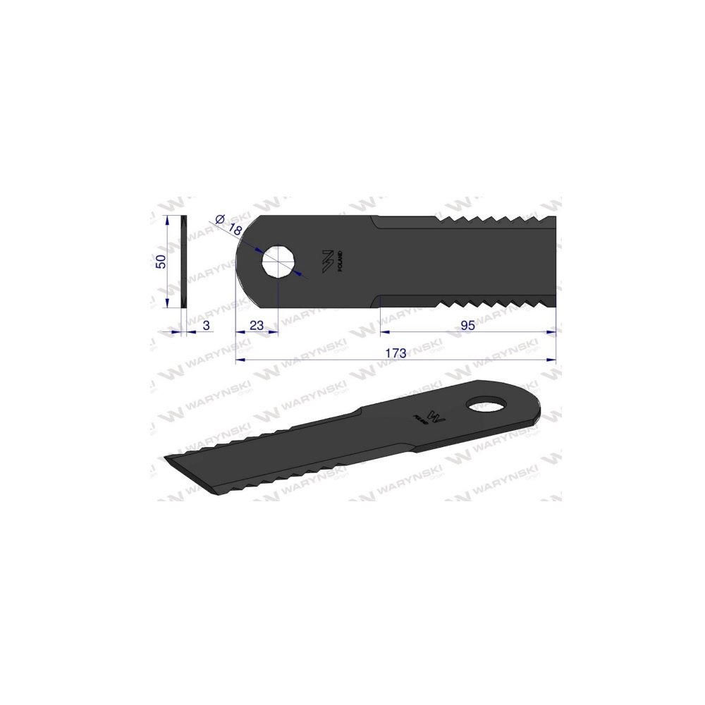 Nóż obrotowy rozdrabniacz słomy sieczkarnia 173x50x3mm otwór 18 zastosowanie 065294 525100 Claas WARYŃSKI ( sprzedawane po 25 )