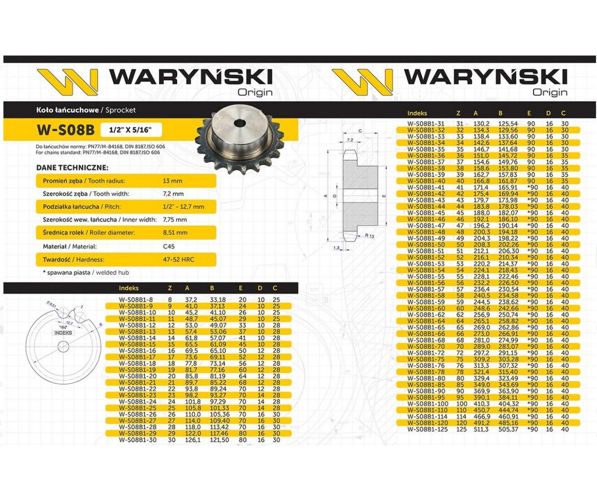 Koło zębate hartowane z kołnierzem 08B-1 (R1 1/2) Z-15 Waryński