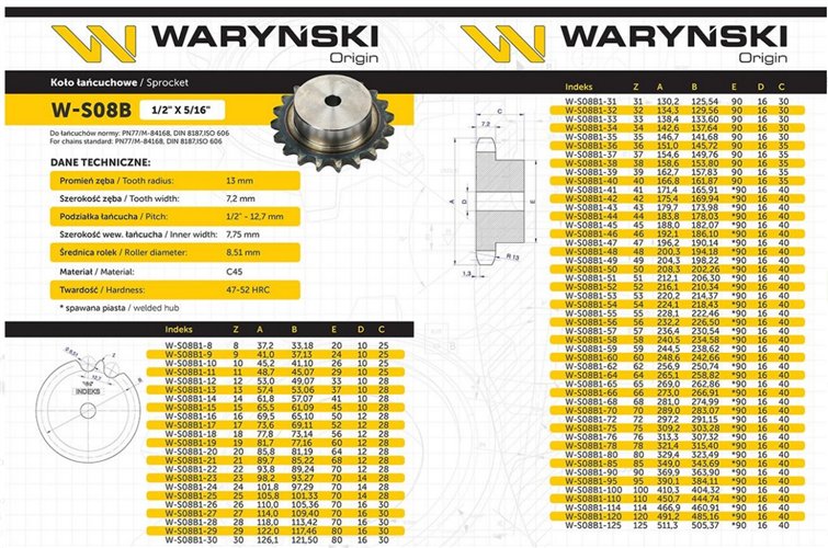 Koło zębate hartowane z kołnierzem 08B-1 (R1 1/2) Z-30 Waryński