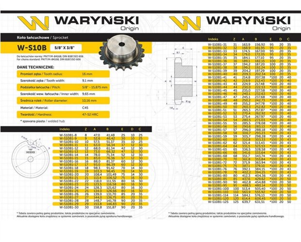 Koło zębate hartowane z kołnierzem 10B-1 (R1 5/8) Z-10 Waryński