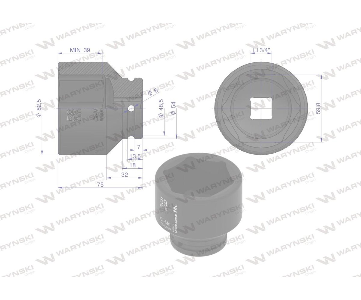 Nasadka udarowa sześciokątna 3/4". 59 mm. CrMo. DIN 3129. Waryński